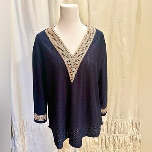 LOF Navy Crochet Accent Top Blouse XL NWT